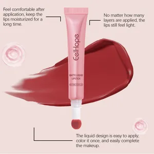 Detail van EelHope matte vloeibare lippenstift met sponsapplicator en rode swatch