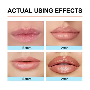 Before and after comparison showing effects of peel-off lip liner on defined glossy lips.