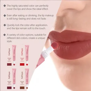 Close-up van matte vloeibare lippenstift applicatie met textuur en kleuropties.