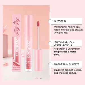 Vue détaillée de la crème à lèvres mate rose nude ZEPHOCO montrant les ingrédients
