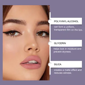 Detailansicht der Inhaltsstoffe von mattem Peel-off-Lippenglasur zur Lippenpflege.