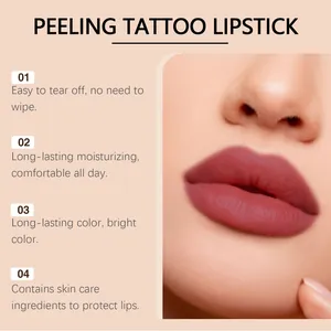 Primer plano de lápiz labial peeling tattoo marrón nude, con efecto de larga duración.