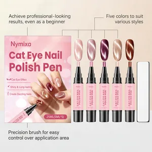 Detail view of five Nymixa cat eye nail polish pens with shimmering magnetic color swatches.