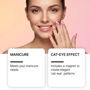 Detail showing pink cat-eye effect nail gel on a model's hand with manicured nails