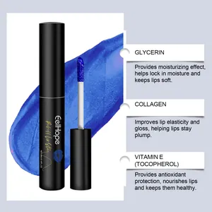 Detailansicht der Inhaltsstoffe Glycerin und Kollagen für blauen Peel-Off-Lippenstift.