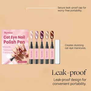 Detailed view of Nymixa Cat Eye Nail Polish Pen Set featuring leak-proof cap and swatches