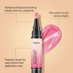 Nymixa cat eye nail polish pen detail showing precision brush and pink shimmer gel texture