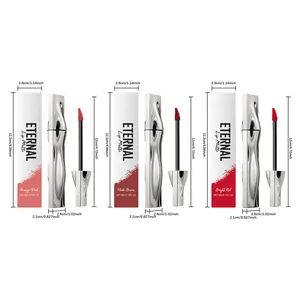 Detailed dimensions of matte lip glaze boxes and tubes in red, brown and pink colors.
