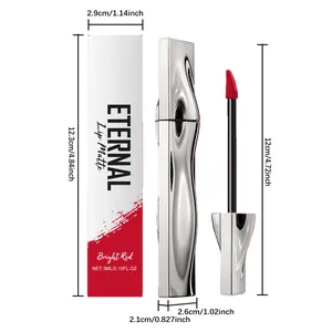 Technical drawing of bright red matte lip gloss with product dimensions and packaging