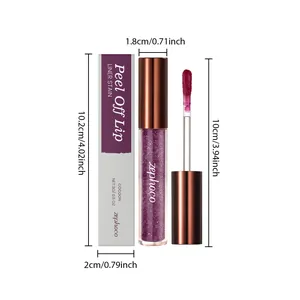 Detailed dimensions of zephoco purple glitter peel-off lip stain and its packaging box.