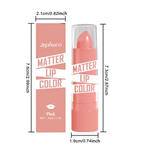 Vista detallada de las dimensiones del labial rosa mate Zephoco y su caja de empaquetado