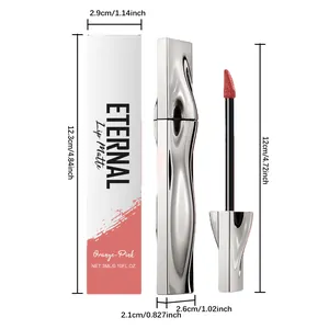 Detailed dimensions of orange-pink matte lip gloss with silver tube and applicator