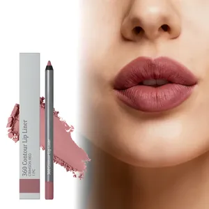 Karminroter wasserfester matter Lippenkonturenstift mit Box und Lippen-Detailansicht