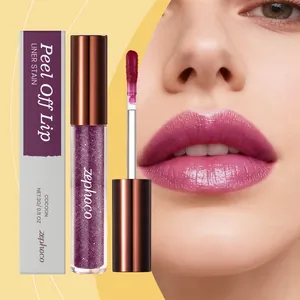 Close-up detail showing Zephoco purple peel-off lip stain texture and applied finish