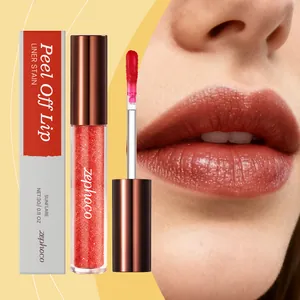 Close-up of zephoco peel-off lip stain SUNFLARE showing texture on lips and packaging.