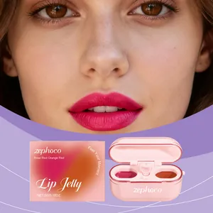 Detailed view of model wearing zephoco dual-color lip jelly next to product packaging
