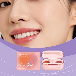 Zephoco dual-color lip jelly detail showing glossy nude pink and nude orange shades.