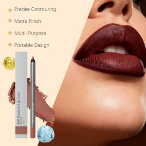 Makroansicht des matten braunen Lippenkonturenstifts und der Box