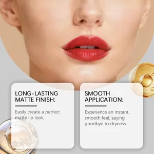 Detailed close-up of long-lasting red matte lip gloss with smooth moisturizing finish.