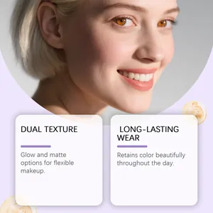 Detail showing dual texture lip gloss with glow and matte finishes on model's smiling face