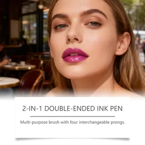 Vibrant magenta lip gloss and defined eyebrows shown on a fashion model in a cafe