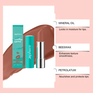 Vista detallada del lápiz labial hidratante marrón claro con ingredientes y textura