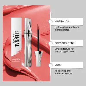 Detailed view of orange-pink matte lip gloss with key ingredients like mineral oil and mica.