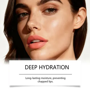 Professional close-up of model wearing matte orange-pink lip gloss with deep hydration benefits