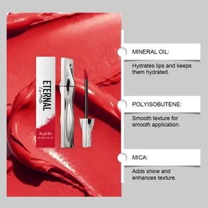 Close-up of bright red matte lip gloss with key ingredients mineral oil and mica.