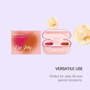 Detailed product view of zephoco dual-color lip jelly with rose and orange red shades.