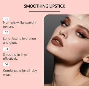 Detalle que muestra los efectos del labial marrón claro y beneficios del producto.