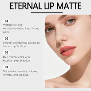 Detailed view of matte orange-pink lip gloss showcasing smudge-proof and long-lasting finish