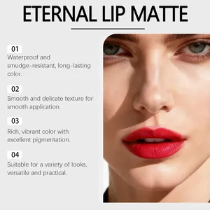 Close-up detail of vibrant red matte lipstick effect on model with professional feature list