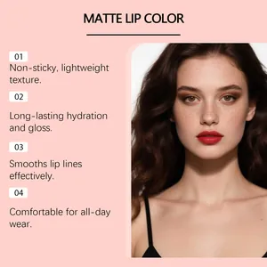 Hermosa modelo con labial rojo mate y descripciones detalladas de sus propiedades