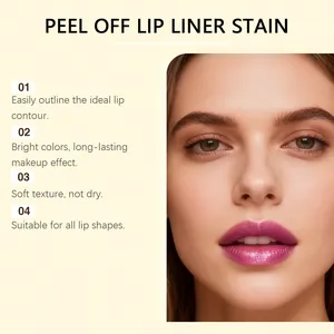 Close-up detail of glossy purple peel-off lip liner stain on model lips