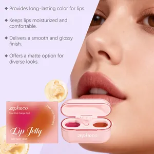 Close-up detail of zephoco dual-color lip jelly showing moisturizing and glossy finish