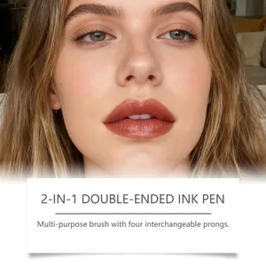Detailed close-up of natural glossy lip tint effect on model lips for 2-in-1 double ink pen