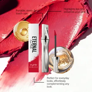 Detail view of Bright Red Matte Lip Gloss with applicator and texture smear.