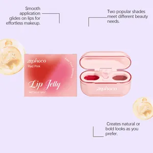 Close-up detail of zephoco dual-color lip jelly showing shades and heart-themed packaging