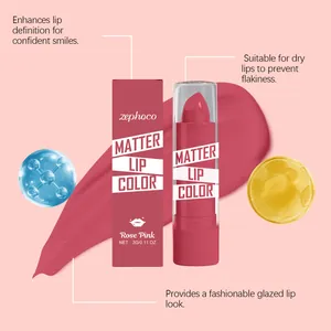 Primer plano de lápiz labial Zephoco Rose Pink con detalles de textura y envase
