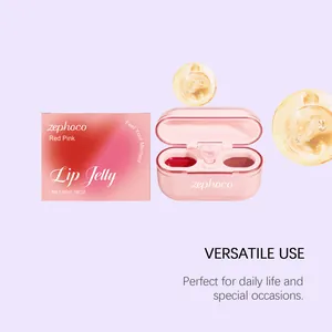 Detailed macro view of Zephoco dual-color lip jelly in pink compact with original packaging