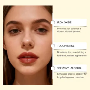 Detail of peel-off lip stain ingredients for vibrant, hydrated, and long-lasting lip color.