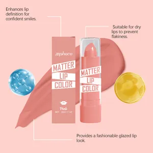 Detalle de barra de labios mate rosa hidratante Zephoco con envase e ingredientes