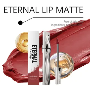 Close-up of nude brown matte lip gloss with sleek silver tube and silky texture