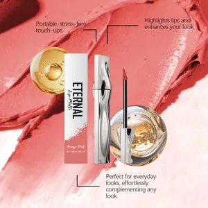 Orange-pink matte lip gloss with smooth texture smear and silver curved tube