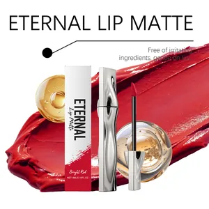 Detailed close-up of Bright Red Eternal Lip Matte with packaging and smooth texture swatch.