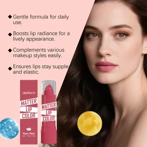 Primer plano de lápiz labial mate Zephoco Rose Pink con detalles de fórmula y efecto modelo