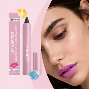 Detailed view of Pink Purple velvet lip crayon with matte finish on model's lips
