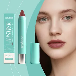 Close-up of Zephoco Rose Thorn lipstick pencil, packaging, and model's lip effect.