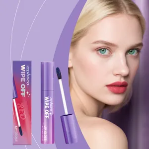 Red zephoco peel-off lip gloss showing model makeup result and product packaging